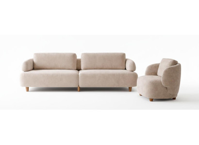 Wohnzimmer-Set 2-Sitzer-Sofa Sessel Beige Moderner Stil Holzbeine Neu