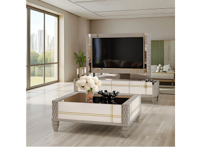 Luxuriöser Couchtisch und TV-Lowboard in Weiß und Silber für Ihr Zuhause