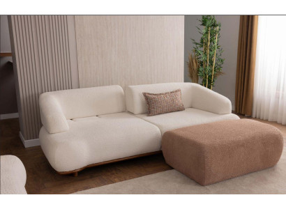 Modern Sofa Set 3-Sitzer Sofa mit Hocker Design Bouclé Cremeweiß Beige