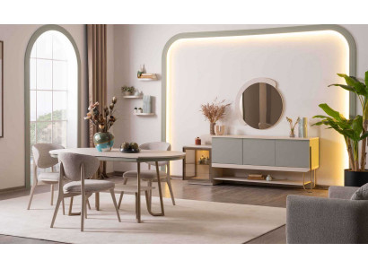 Esstisch Stühle Sideboard Spiegel Stil modern Farbe beige Holz Metall