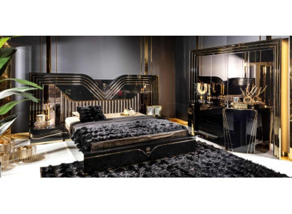Edles Schwarzer Schlafzimmer-Set Doppelbett 2x Nachttische Schrank
