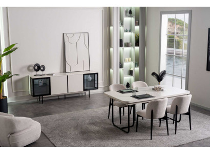 Esstisch Stühle Sideboard Stil modern Farbe weiß schwarz neu quadratisch