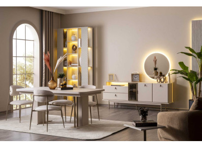 Esstisch Stühle Sideboard Spiegel Stil modern Farbe beige neu Glas