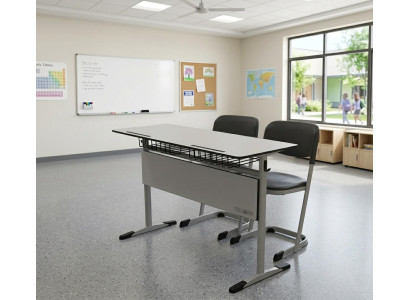 Doppel-Schulset Schreibtisch Grau 2 Schwarze Stühle Modern Set Robust