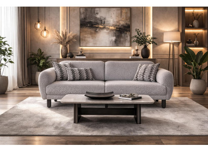 Luxuriöses Graues Polstersofa Designer Holz Couchtisch Edles 2tlg Set