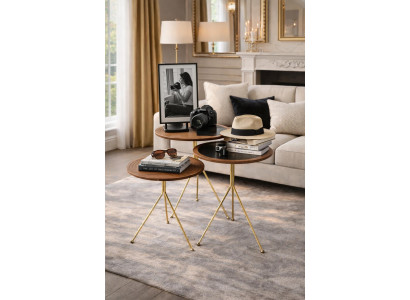 Holz Couchtisch Set mit Goldgestell Rund Dekorplatte Glas Akzent
