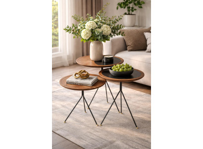 Couchtisch Tischgruppe Holz Braun Schwarz Kreis Muster Platzsparend