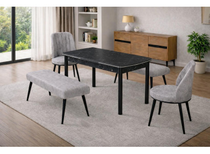 Esstisch 2x Stühle Bank Esszimmer Stil modern Farbe grau quadratisch