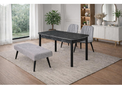 Esstisch 2x Stühle Bank Esszimmer Stil modern Farbe grau bequem quadratisch