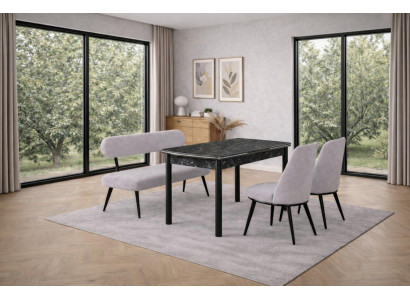 Esstisch 2x Stühle Bank mit Rückenlehne Esszimmer Stil modern Farbe grau
