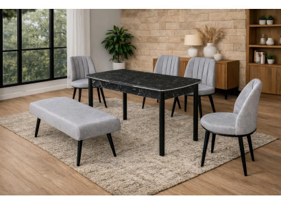 Esstisch 4x Stühle Bank Esszimmer Stil modern Farbe grau bequem quadratisch