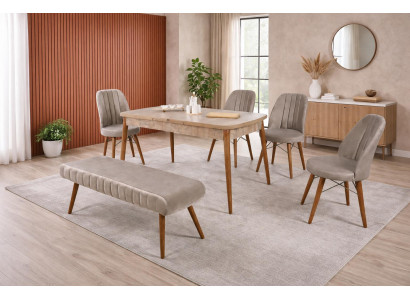 Esstisch 4x Stühle Bank Esszimmer Stil modern Farbe braun quadratisch