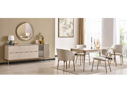 Esszimmer-Set mit Tisch, 2 Stühlen, 2 Sesseln, Konsole und Spiegel