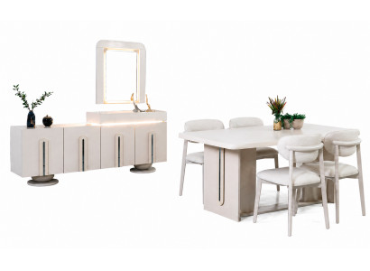 Elegante Beige Esszimmergarnitur Esstisch 4x Stühle Sideboard Spiegel