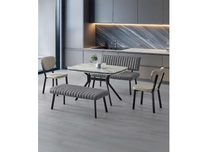 Esszimmer-Set Esstisch Sitzbank Bank 2x Stuhl Grau Bequem Marmor