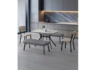 Esszimmer-Set Esstisch 2x Stuhl 2x Sitzbank Marmor Grau Bequem