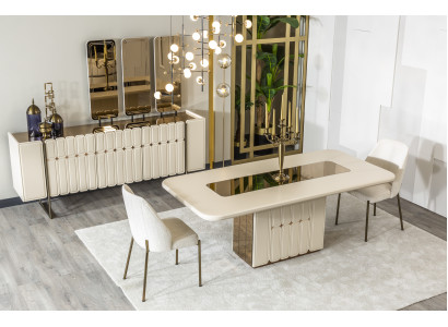 Marmor-Optik Esstisch Set Konsole Spiegel Creme Gold Esszimmer Luxus