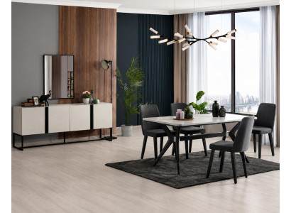 Esszimmer-Set mit Tisch 4 Stühlen Sideboard und Spiegel in Grau