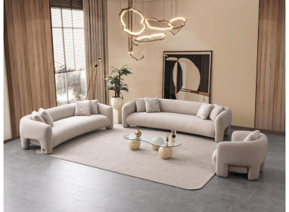 Elegantes Boucle Wohnzimmer Set Zwei Sofas und Sessel Creme