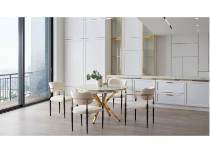 Esszimmer-Set Esstisch 4x Stuhl  Beige Marmor Komfortabel Modern