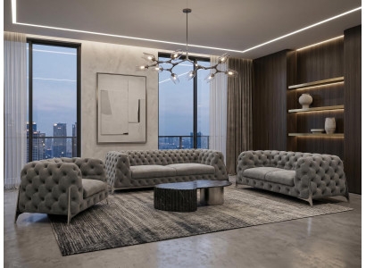 Luxuriöses graues Wohnzimmer-Set 3+2+1-Sitzer Gestepptes Sofa Chesterfield