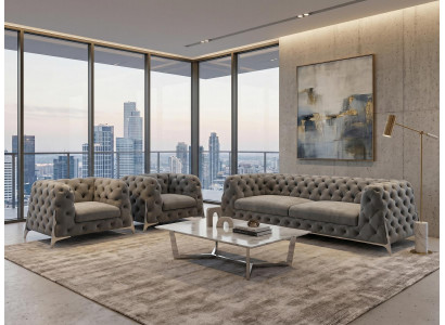 Graues Wohnzimmer-Set: 3+1+1-Sitzer-Sofas Sessel Gestepptes Sofa Chesterfield