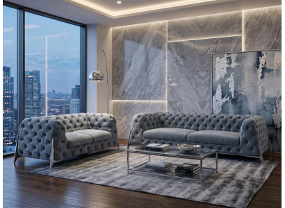 Chesterfield-Set in Grau für das Wohnzimmer 3+2-Sitzer-Sofas gesteppte Sofas