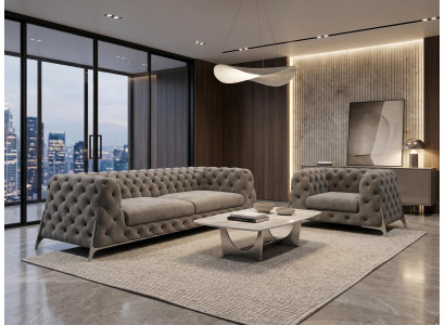 Luxuriöses graues Wohnzimmer-Set 3+1-Sitzer-Sofas gesteppte Sofa Chesterfield