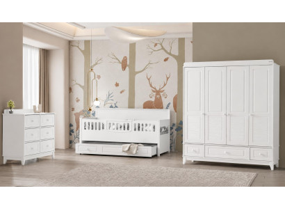 Kinderzimmer Set mit Bett Kleiderschrank und Kommode in Weißer Farbe