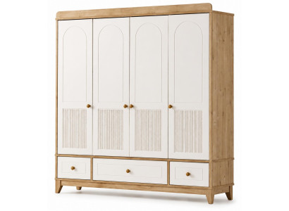 Heller Kleiderschrank aus Holz mit weißen Türen und Schubladen