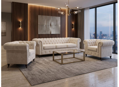 Beiges klassisches Wohnzimmer-Set 3+1+1-Sitzer-Sofas Chesterfield Polstermöbel