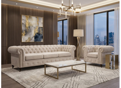 Beiges Wohnzimmer-Set 3+1-Sitzer-Sofas Chesterfield Gesteppte Sofas Klassiker