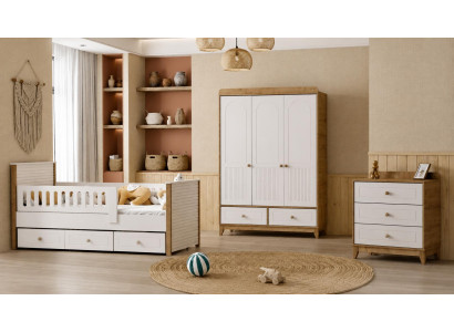 Kinderzimmer Set mit Kinderbett, Kleiderschrank und Kommode in Eiche