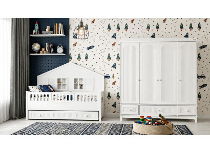 Kinderbett & Kleiderschrank Set Weiß im skandinavischen Stil Plus