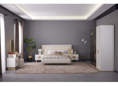 Luxus Design Schlafzimmer Set Beige Holz Modern Bett Schrank Kommode
