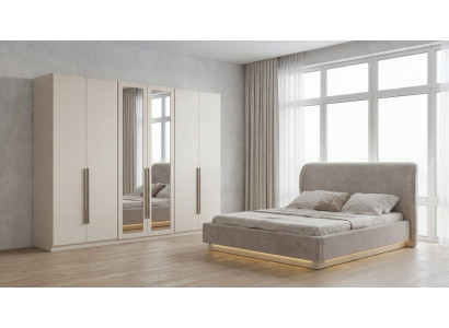 Design Schlafzimmer Set Beige 6 türiger Schrank Spiegeltüren Premium