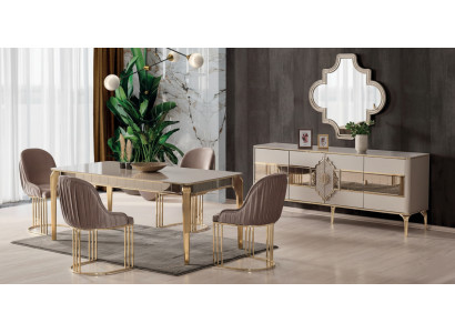 Elegantes 6-teiliges Esszimmer-Set: Tisch, 4 Stühle Sideboard + Spiegel