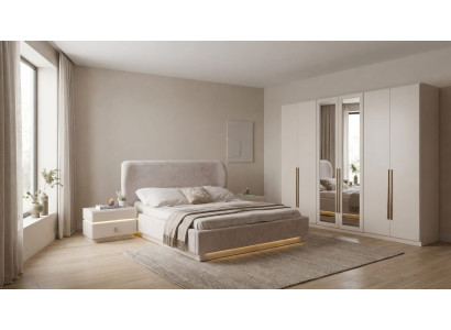 Design Schlafzimmer Set Beige 6türiger Schrank LED Polsterbett Luxus