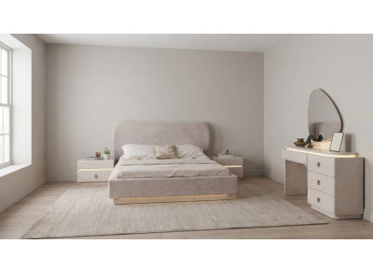 Edles Schlafzimmer Set Beige Komplett Bett LED Design Schminktisch