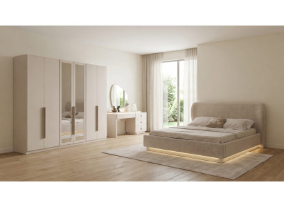Elegant Schlafzimmer Set Beige 6türiger Schrank Edles LED Polsterbett