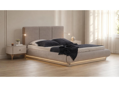 Elegant Schlafzimmer Set Beige Design Polsterbett 2 Nachttische LED