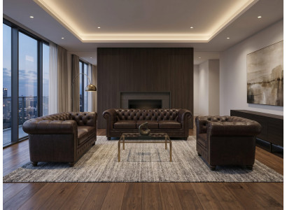 Dunkelbraunes Wohnzimmer-Set 3+2+1-Sitzer-Sofas Chesterfield klassischer Stil