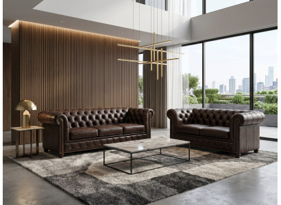 Klassisches dunkelbraunes Wohnzimmer-Set 3+2-Sitzer-Sofas Chesterfield