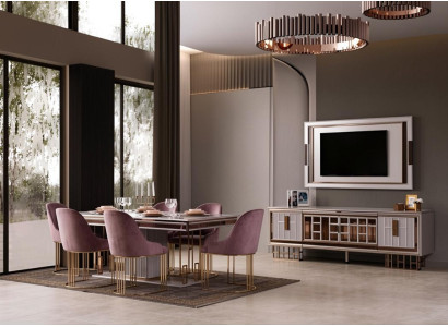Esszimmer Set Esstisch 6x Stühle TV-Block Beige Moderner Stil Stilvoll