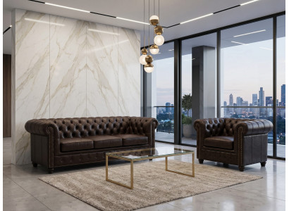 Braunes Wohnzimmer-Set: 3+1-Sitzer-Sofas Ledersofas Sessel Chesterfield