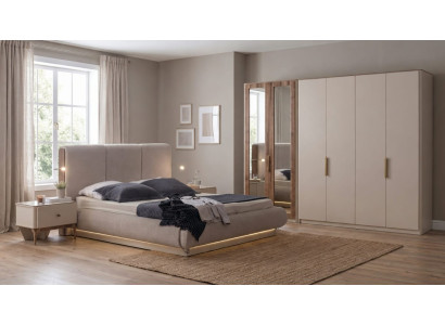 Luxus Elegant Schlafzimmer Set Bett Schrank Nachttisch Beige Premium