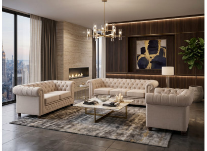 Beiges Wohnzimmer-Set 3+2+1-Sitzer-Sofas Gestepptes Sofa Sessel Chesterfield