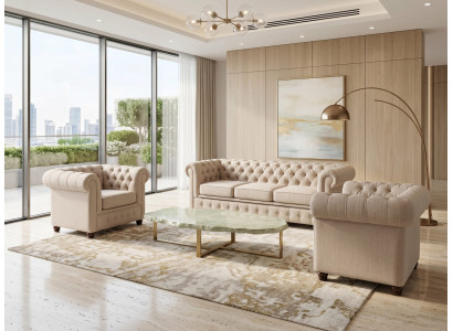 Beiges klassisches Wohnzimmer-Set 3+1+1-Sitzer-Sofas Gestepptes Chesterfield