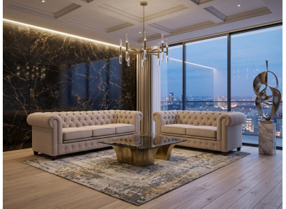 Luxuriöses beiges Wohnzimmer-Set 3+2-Sitzer-Sofas Chesterfield Gesteppte Sofas