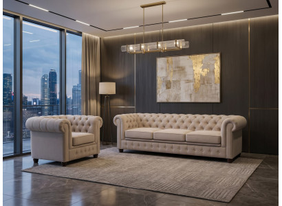 Beiges Wohnzimmer-Set 3+1-Sitzer-Sofas Gestepptes Sofa Sessel Chesterfield